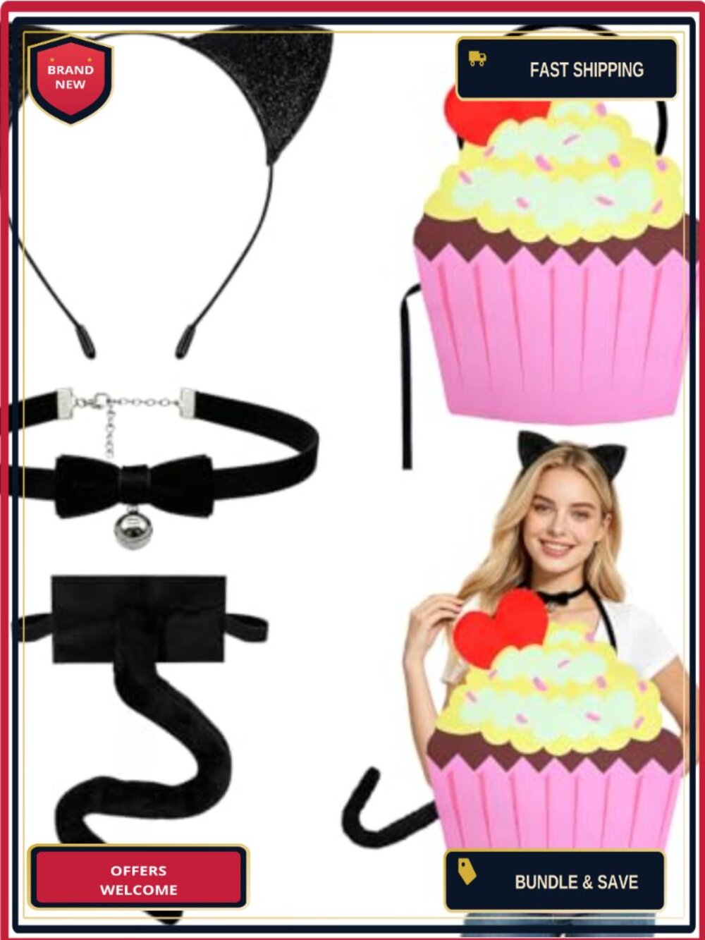 Cat Cupcake Costume 4Pc Faux Fur Headband Tail Choker Tunic Halloween
